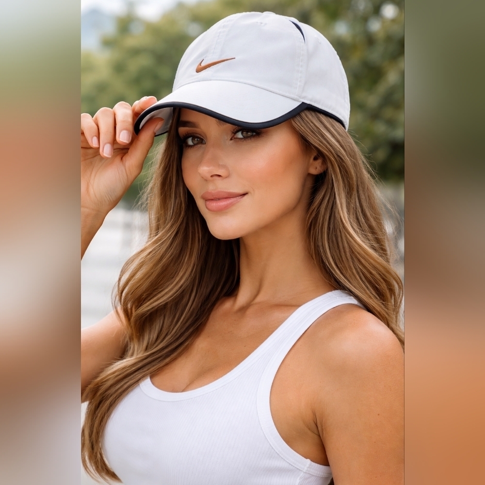 Nike White Adjustable Dri-Fit Hat Cap Bronze Swoosh Athletic Running